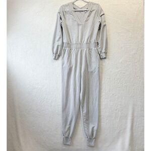 Garnet Hill Lounge Jumpsuit Women Sz Small Light Gray French Terry Jogger V Neck
